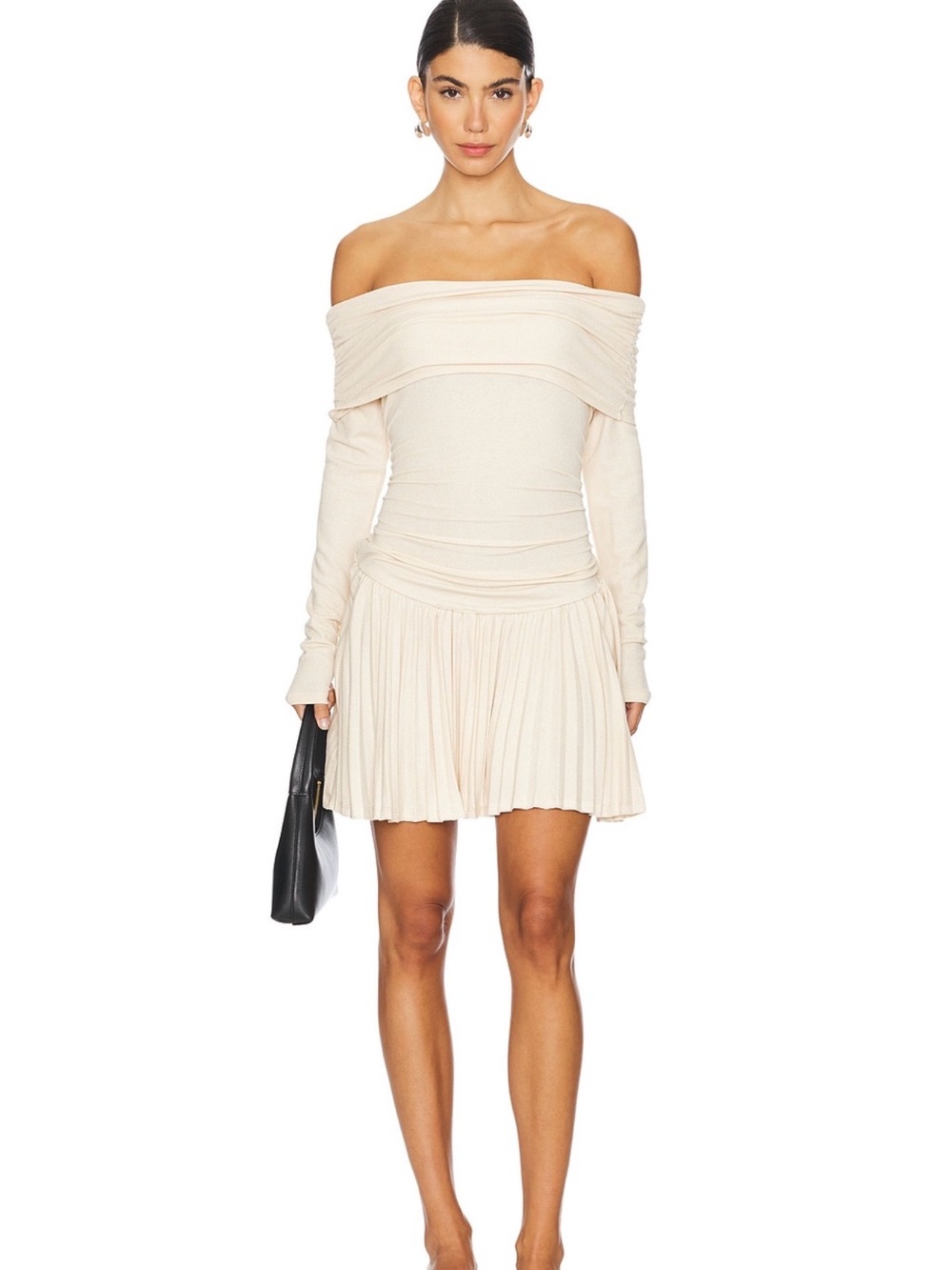 Lioness Off-Shoulder Long Sleeve Pleated Mini Dress in Cream